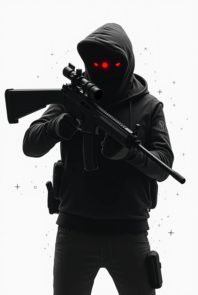 "tryhard" gamer to be featured on a t-shirt. Focus on a sleek silhouette of a gamer holding a weapon, such as a rifle or aiming down sights, with sharp, angular lines that suggest focus and intensity. Incorporate subtle elements like crosshairs or a reticle in the background to enhance the FPS theme. The design should be clean and bold, with minimal details, using a monochrome or limited color palette, while conveying the serious, competitive nature of a "tryhard" FPS player.