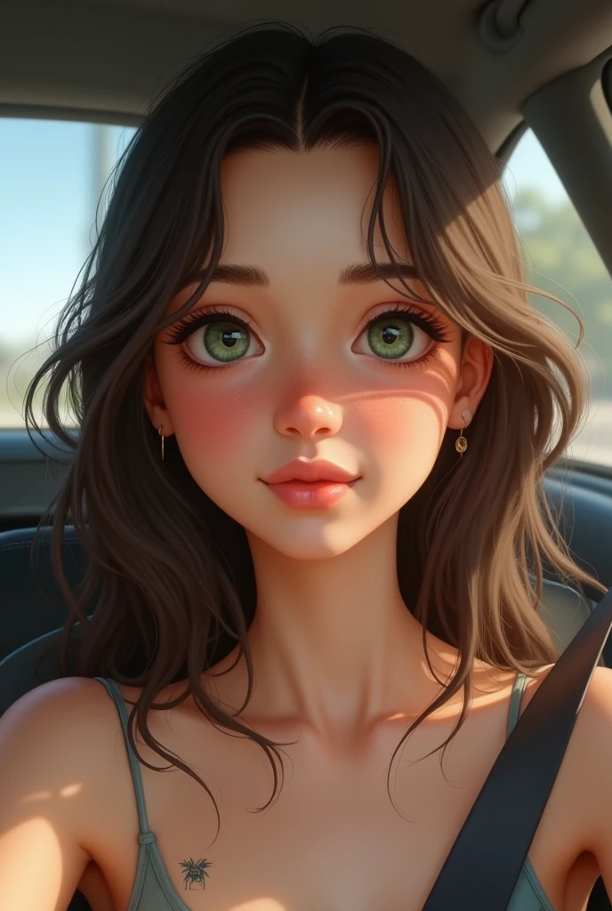 Make a girl with green eye, round eyes, round lip and round nose and round fance shape
she has freckles
skinny and long brown hair
she wears a long white t shirt and sitting in car and driving
she has a little tattoo on hers shoulder
a real human