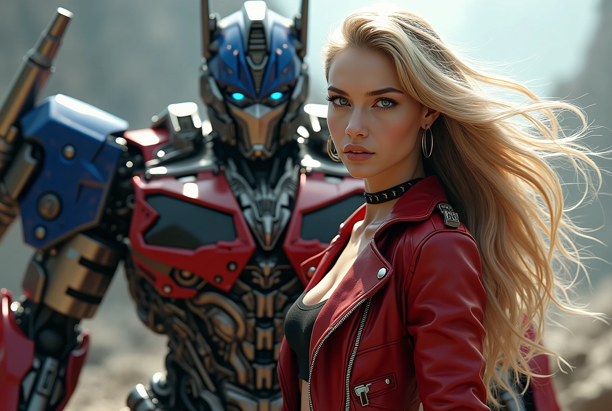 a beautiful young woman with long, flowing blonde hair and striking blue eyes, wearing a red jacket and a choker, standing alongside the iconic Autobot leader Optimus Prime, photorealistic, 8k, highly detailed, masterpiece, dynamic pose, dramatic lighting, science fiction, fantasy, (best quality,4k,8k,highres,masterpiece:1.2),ultra-detailed,(realistic,photorealistic,photo-realistic:1.37),HDR,UHD,studio lighting,ultra-fine painting,sharp focus,physically-based rendering,extreme detail description,professional,vivid colors,bokeh,fantasy,sci-fi