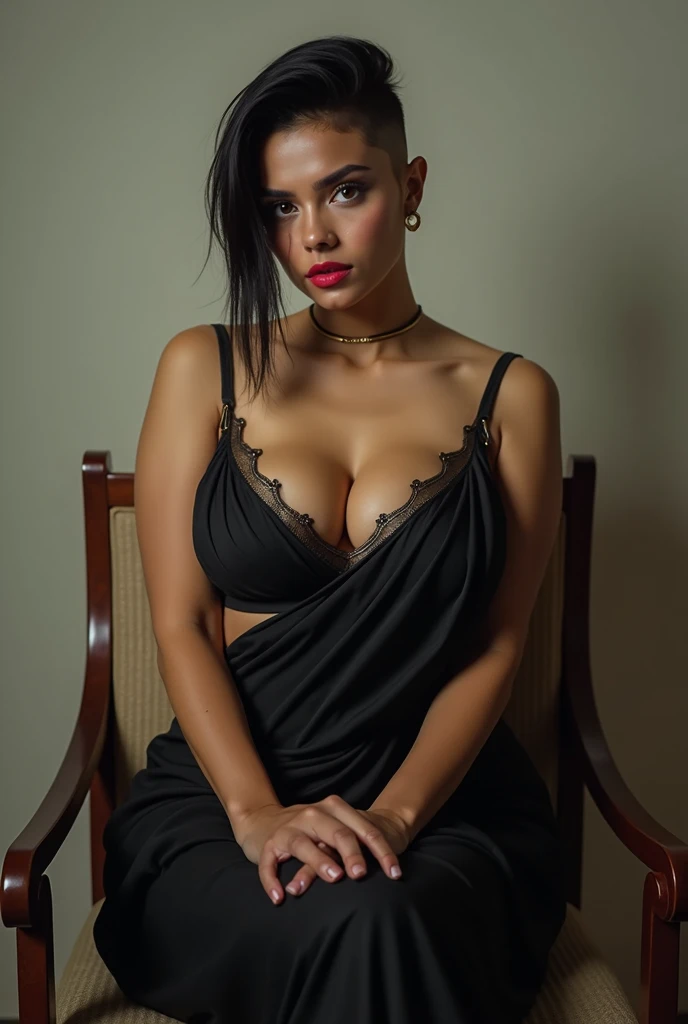 A full-body portrait of wolf cut hairstyle erotic hindu wife, sitting on chair, front facing, 4K, wide angle camera view, super realistic, huge breast, super big fake lips red lipstick super delicious body black saree bra sexy body, full body