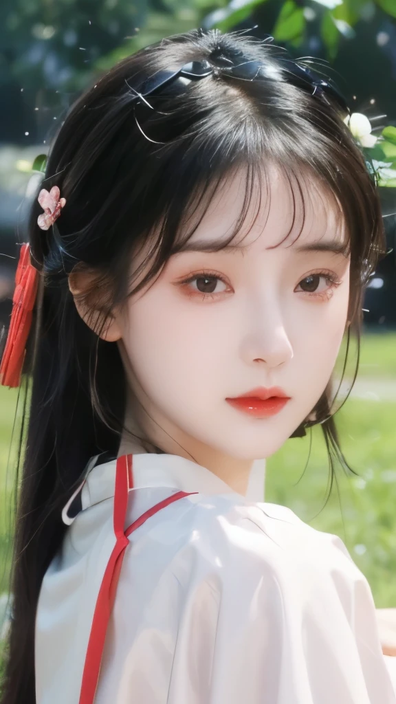 (best quality,4K,8K,high resolution,masterpiece:1.2),Extremely detailed,Practical,portrait,Girl in red Hanfu,Close-up view,Girl with hairpin,Standing on the grass,Beautiful and delicate eyes,Beautiful and delicate lips,Extremely detailed face,Long eyelashes,Lush green grass as background,Vibrant colors,Soft natural lighting.