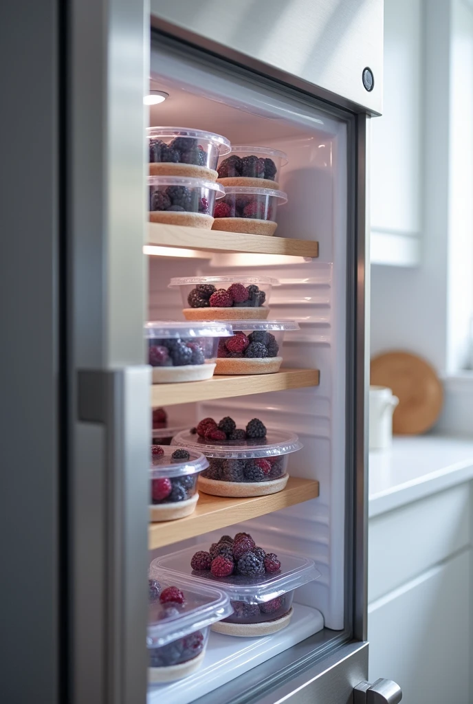 A refrigerator with blackberry desserts packed in plain plastic