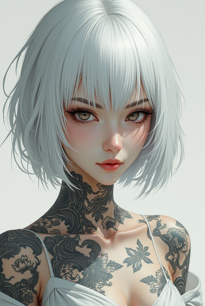 Serious asian girl with Japanese tattoos on her body, white hair and bangs, with BLACK eyes.