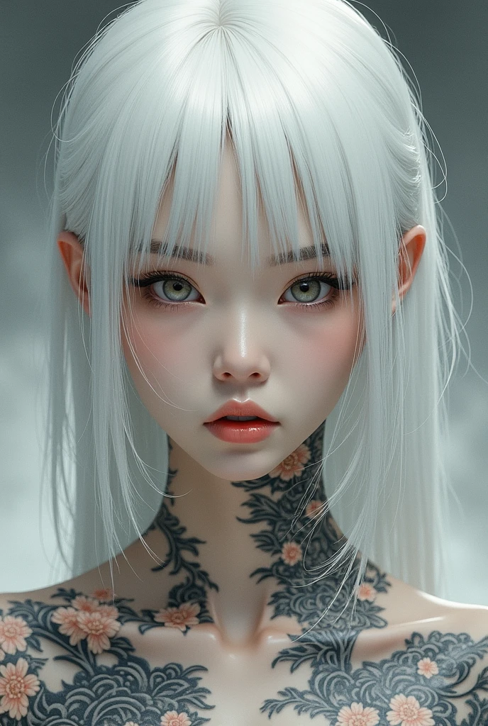 Serious asian girl with Japanese tattoos on her body, white hair and bangs, with BLACK eyes.