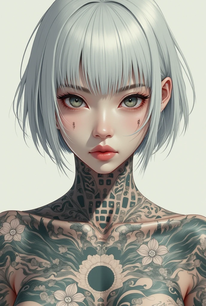 Serious asian girl with Japanese tattoos on her body, white hair and bangs, with BLACK eyes.