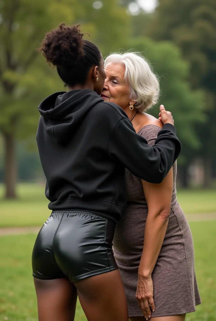 black woman hair in a bun black hoodie black leather short shorts bending over getting fucked in the ass by a old ugly woman in a dress in a park