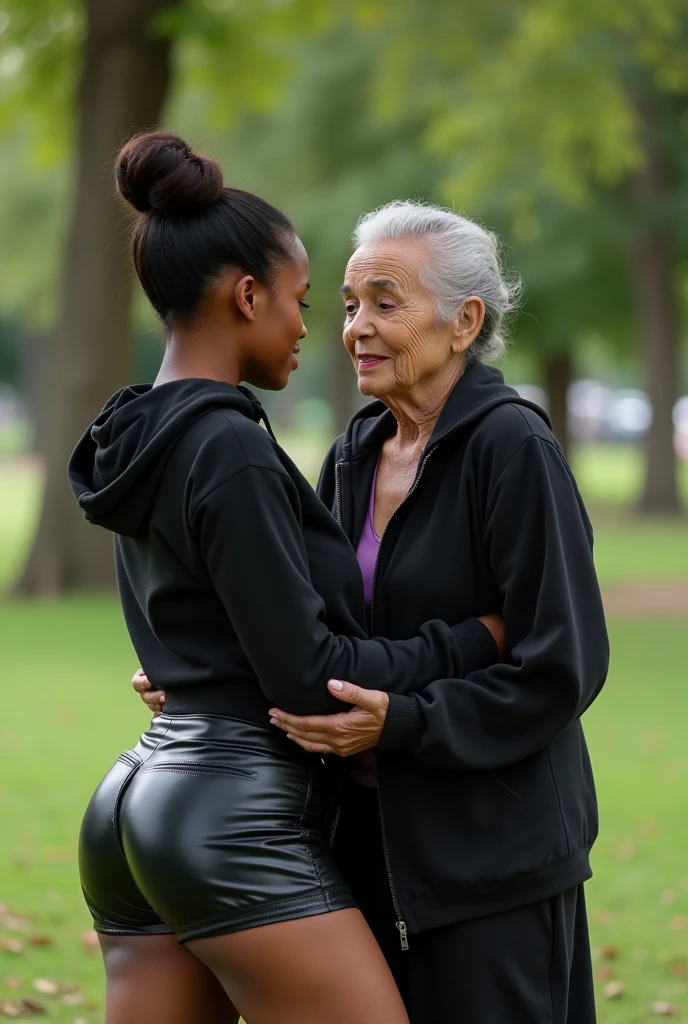 black woman hair in a bun black hoodie black leather short shorts bending over getting fucked in the ass by a old ugly woman in a dress in a park 