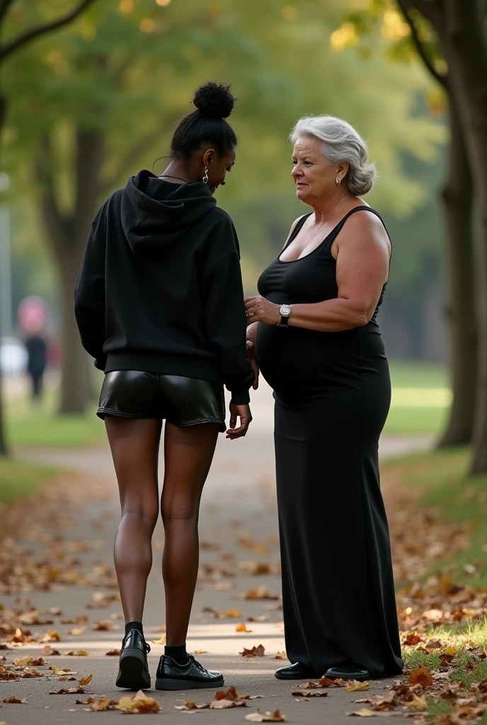 black woman hair in a bun black hoodie black leather short shorts bending over getting fucked in the ass by a old ugly woman in a dress in a park