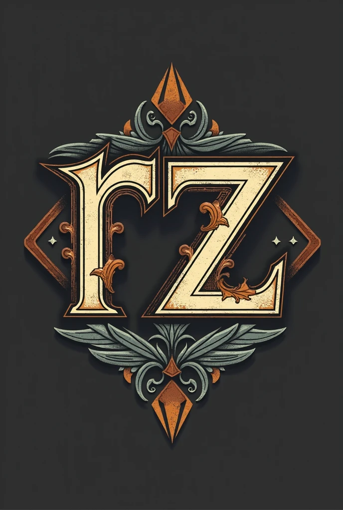 a distinct, vintage and classic styled logo that can be utilized on clothing and jackets, specifically positioned on the front center. The design should be unique and eye-catching, yet suitable for a timeless, vintage aesthetic. Key Design Elements: - The logo should incorporate geometric shapes, abstract symbols, and a text-based design that includes the letters "RZ". - The design should be modern and minimalist in terms of simplicity, yet still bold and vibrant to stand out. -the logo should have a color theory which represents luxury with R and Z letter being incorporated in a shape