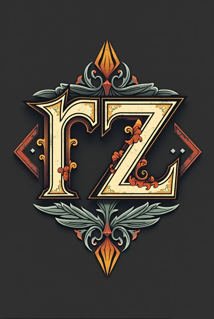 a distinct, vintage and classic styled logo that can be utilized on clothing and jackets, specifically positioned on the front center. The design should be unique and eye-catching, yet suitable for a timeless, vintage aesthetic. Key Design Elements: - The logo should incorporate geometric shapes, abstract symbols, and a text-based design that includes the letters "RZ". - The design should be modern and minimalist in terms of simplicity, yet still bold and vibrant to stand out. -the logo should have a color theory which represents luxury with R and Z letter being incorporated in a shape