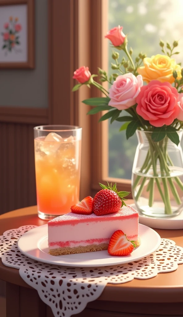 pretty cafe, Strawberry Rare Cheese Cake, A glass of drink, pretty vase
