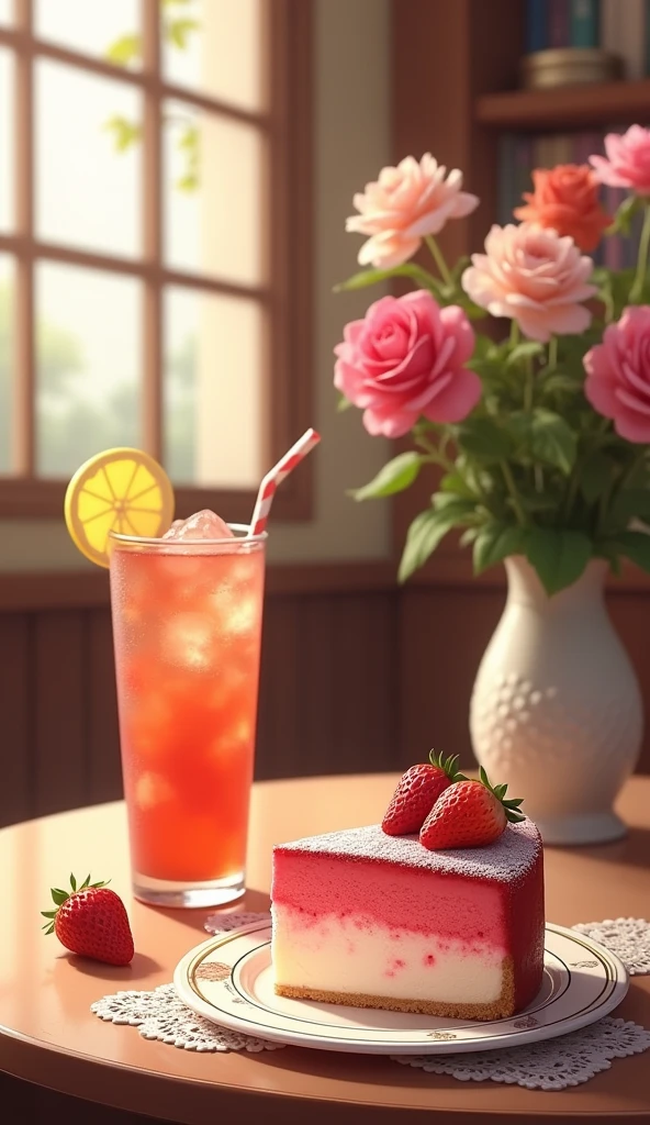 pretty cafe, Strawberry Rare Cheese Cake, A glass of drink,  pretty vase