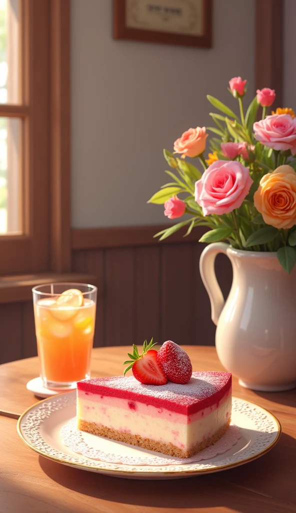 pretty cafe, Strawberry Rare Cheese Cake, A glass of drink,  pretty vase