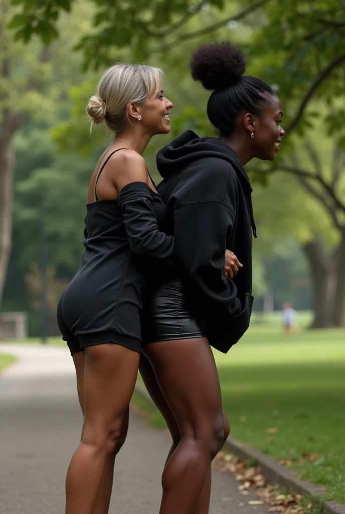 black woman hair in a bun black hoodie black leather short shorts bending over getting fucked in the ass by a old ugly woman in a dress in a park
