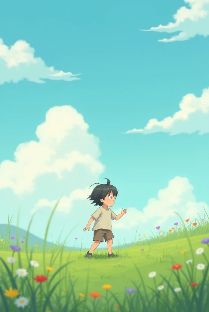 (Minimalism:1.4), kid playing in the park , ghibli studio art, Miyazaki, Pasture with blue sky and white clouds