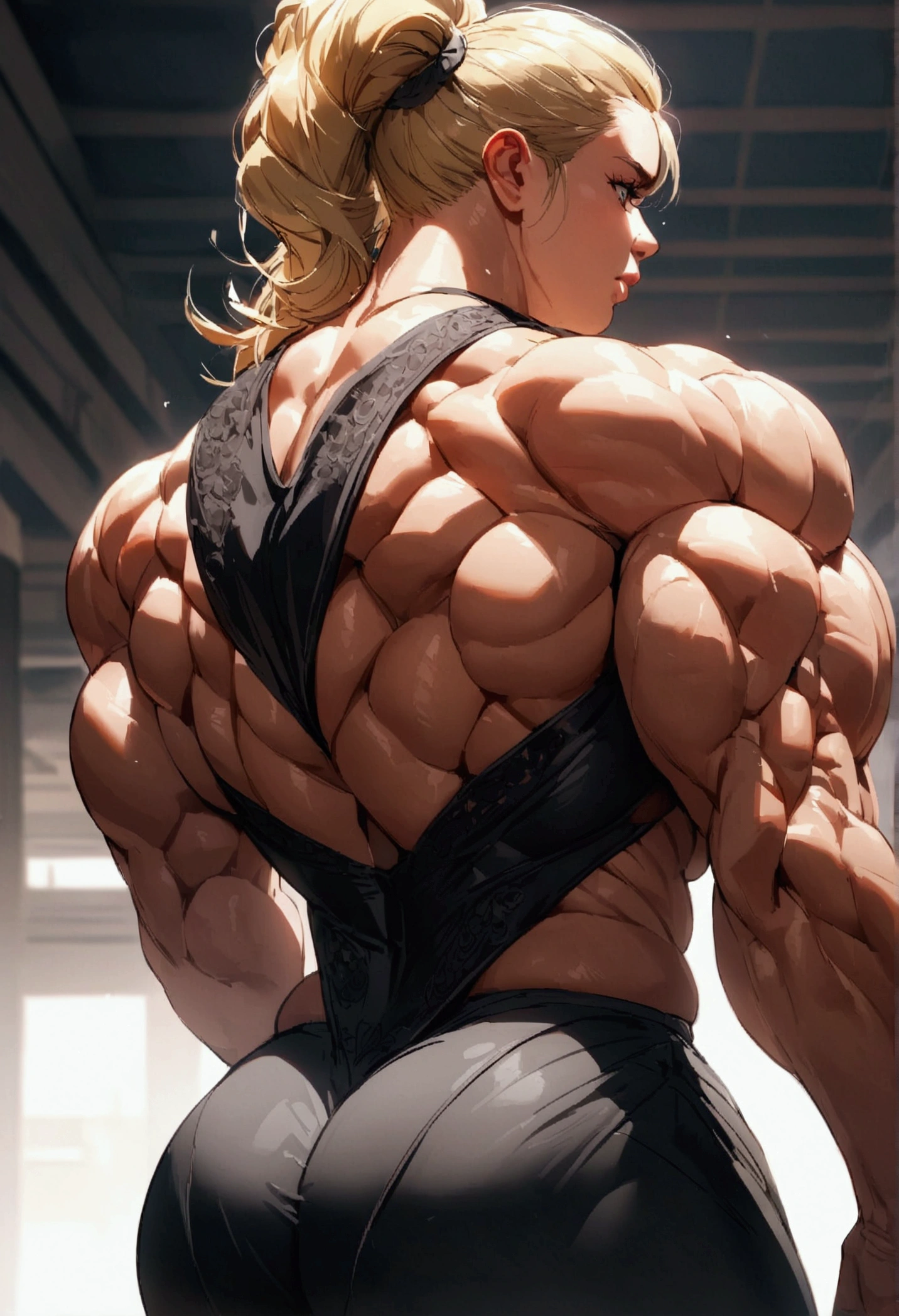   good massive fit woman, blond,chubby body, good muscle ,rear view muscle back