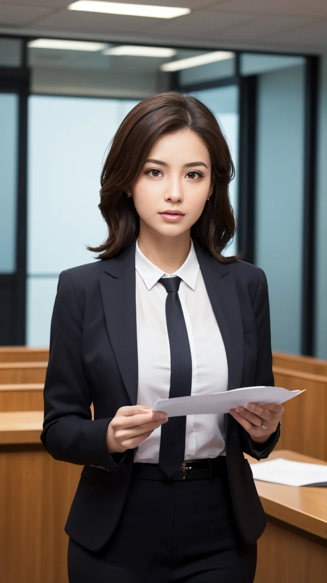 ((masterpiece)), ((best quality)), (portrait of beautiful girl), ultra high res, (photorealistic:1.4), RAW photo, Create a highly detailed image of a 2 female lawyer, exuding confidence and intelligence. She is wearing a sharp, tailored black suit with a crisp white shirt underneath, and her posture is poised and assertive. Her expression is focused and determined, with sharp eyes that convey her quick wit and ability to make incisive points. Her hair is neatly styled, and she holds a legal document in one hand, while the other is gesturing as if making a critical argument. The background is a modern courtroom or a sleek office, with subtle details like law books or a judge's bench that emphasize her profession and environment