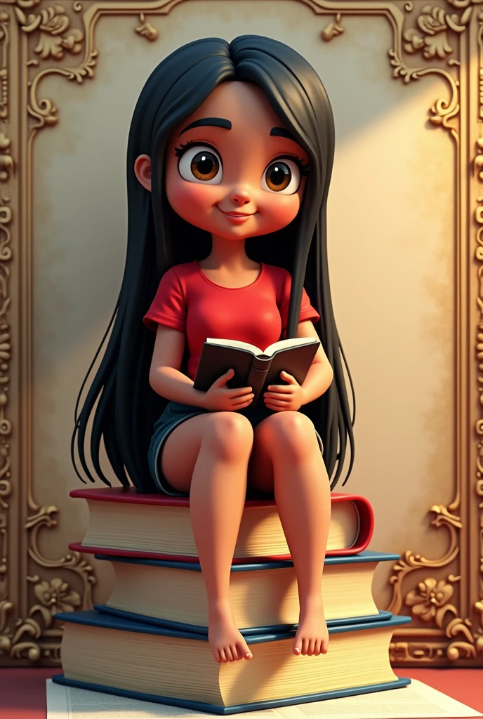 Comando: Create a 3D illustration of an animated Brazilian character sitting casually on top of "textbooks". The character must wear a red shirt, a black skirt, long, straight black hair, brunette skin, slightly slanted eyes, gorda, and holding a Bible. The background of the image is a beautiful page with the username "Amelia".