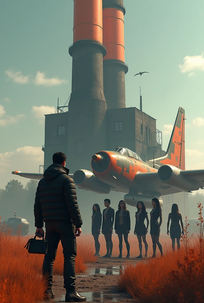 3D Style,Two-color,black,orange,The photographer holds the camera,With several beautiful models,commanding,factory,taller,Aircraft depot,Abandoned fighter plane