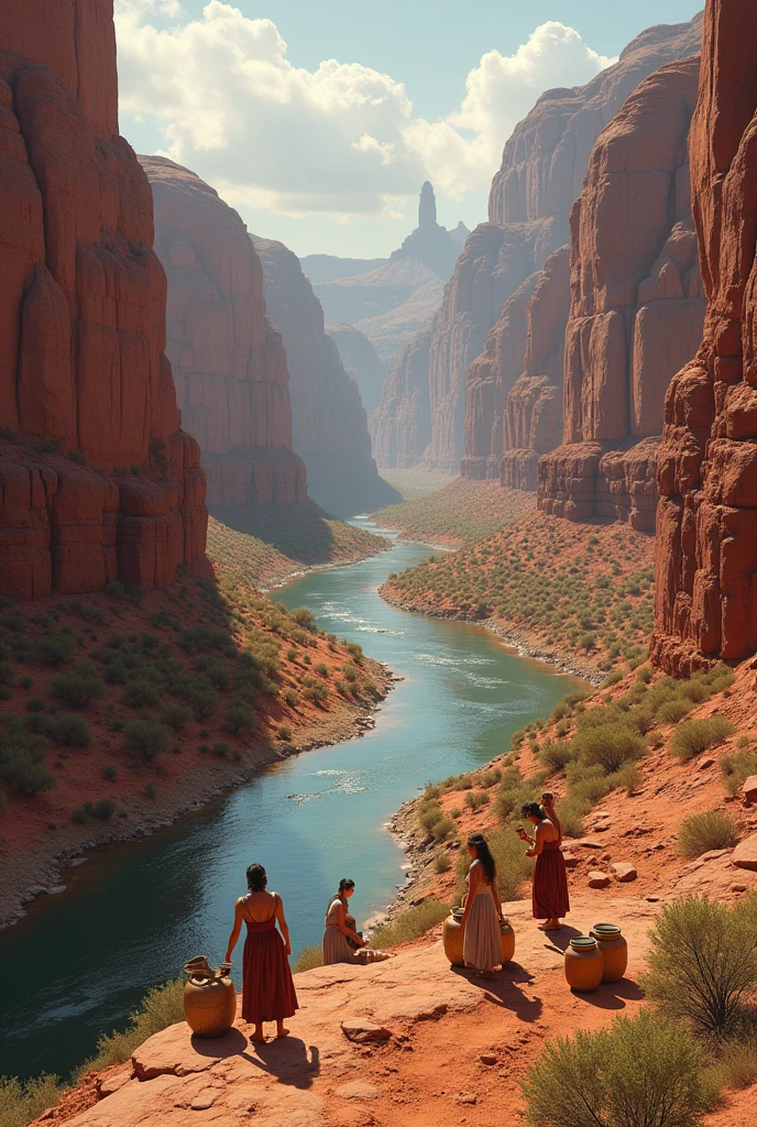Une image d'une rivière coulant dans une vallée aux roches rouges, comme celles d'Australie, une image réaliste et plus précise de la vallée, comme un tableau de l'artiste Léonard de Vinci, résolution 4K, 8K Femmes dans la vallée, remplissant des bocaux. ,