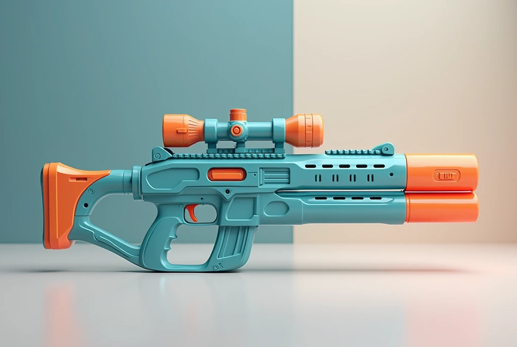 Mini double water gun toy,Integrated rifle mount,Q version,Magazine and scope,(Similar structure to AK47),(Double muzzle:1.3),Smooth lines,Plastic material,Three-color Morandi color matching,high quality,Professional Product Photography,Table background,3d, OC Rendering,