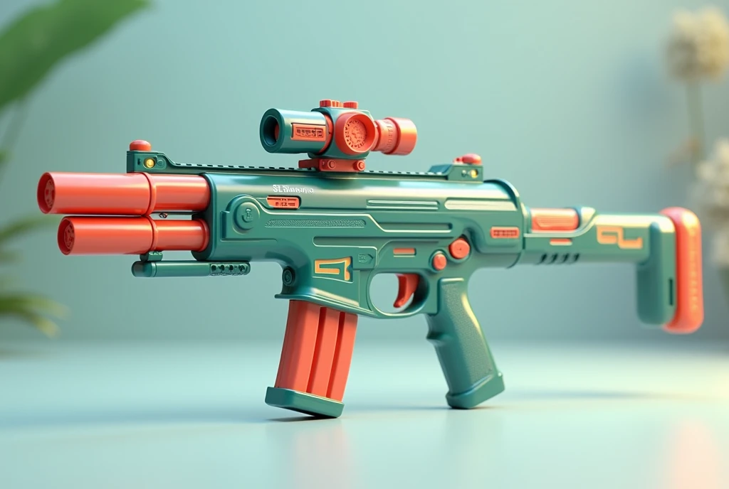 Mini double water gun toy,Integrated rifle mount,Q version,Magazine and scope,(Similar structure to AK47),(Double muzzle:1.3),Smooth lines,Plastic material,Three-color Morandi color matching,high quality,Professional Product Photography,Table background,3d, OC Rendering,