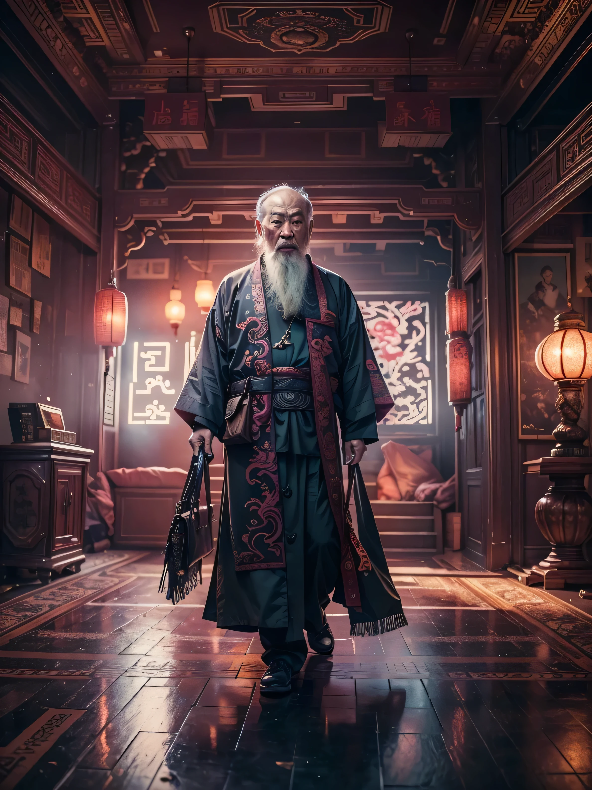 (((Masterpiece))), Best Quality,realistic perspective, High-resolution photograph,realistic details,sharp focus, A mysterious and wise old Chinese man with a long white beard is walking around in a dimly lit room. The room is decorated in a Chinese cyberpunk style, blending traditional elements like yin-yang symbols and dragon motifs with futuristic, neon-lit cyberpunk interior design. The atmosphere is mystical and shady, with hints of magic in the air. The man wise chinese man is walking around, exuding an aura of deep wisdom and hidden knowledge(extremely intricate:1.3),4k, 8k