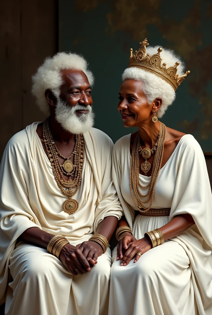 Elderly couple man and woman with curly white hair Africans dressed in white with jewelry and crown sitting