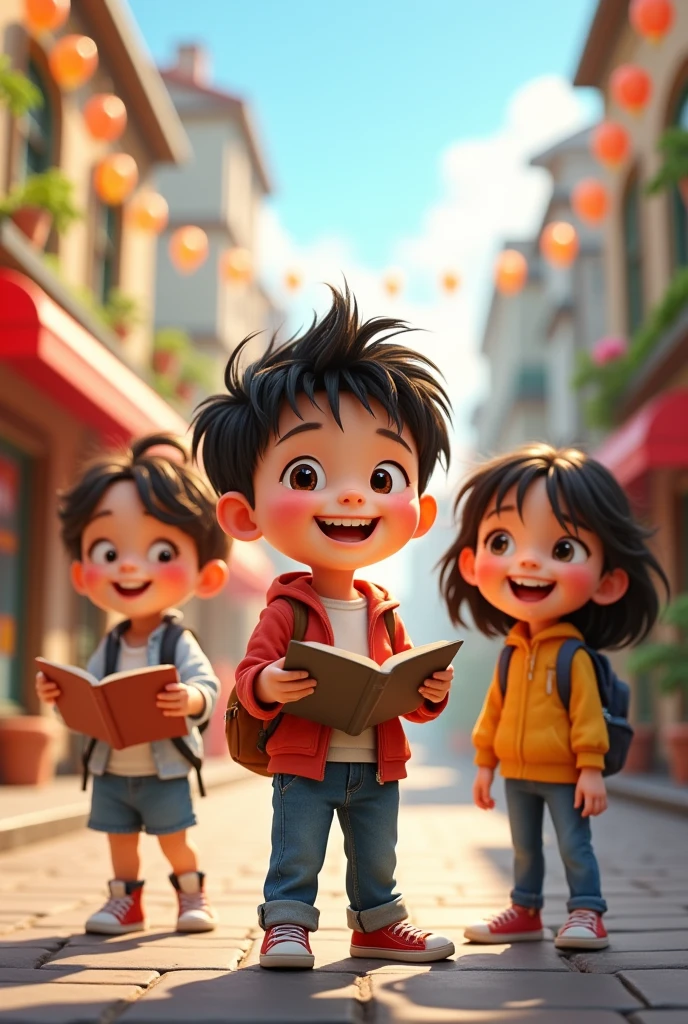 I need the cover of a magazine in which some super happy animated children appear. Keep in mind that it is letter size and that I am going to add a title., but leave a space for the title the children are approximately between 7 and , not so smiling, that is, yes, they smile but not too much and it should be cute, it should be realistic, but children should be in the street playing, reading.