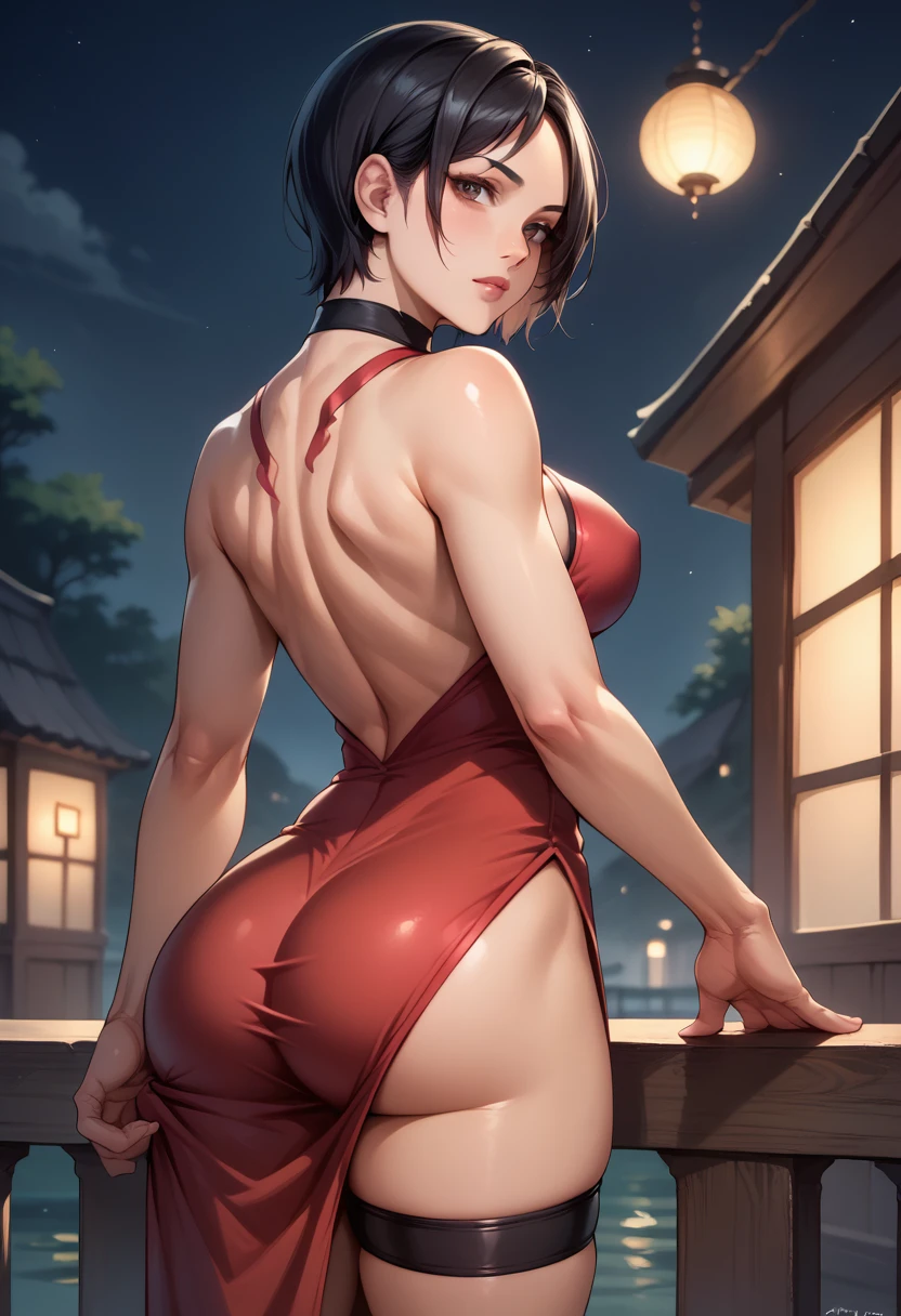 score_9, score_8_up, score_7_up, BREAK, score_9, adachina, black hair, breasts, short hair, black eyes, china dress, choker, thigh strap, side slit, looking at viewer, cowboy shot, small ass, from behind, dark sky, night