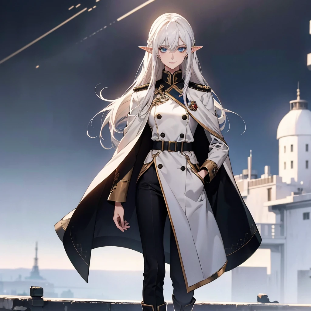 (Confused, High resolution, Very detailed), 1 female elf, white Hair,Long Hair,Bright blue eyes,White and black military uniform,24th generation,beauty,mature,thin,quiet,Calm,A small smile,A kind smile,In front of people you like,Long coat,Slender and thin,boots,skinny pants,observatory,Small breasts,