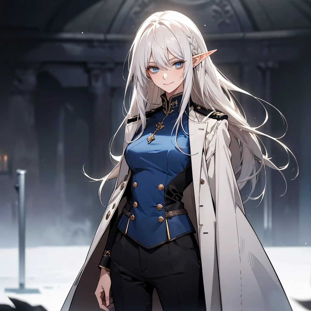 (Confused, High resolution, Very detailed), 1 female elf, white Hair,Long Hair,Bright blue eyes,White and black military uniform,24th generation,beauty,mature,thin,quiet,Calm,A small smile,A kind smile,In front of people you like,Long coat,Slender and thin,boots,skinny pants,observatory,Small breasts,