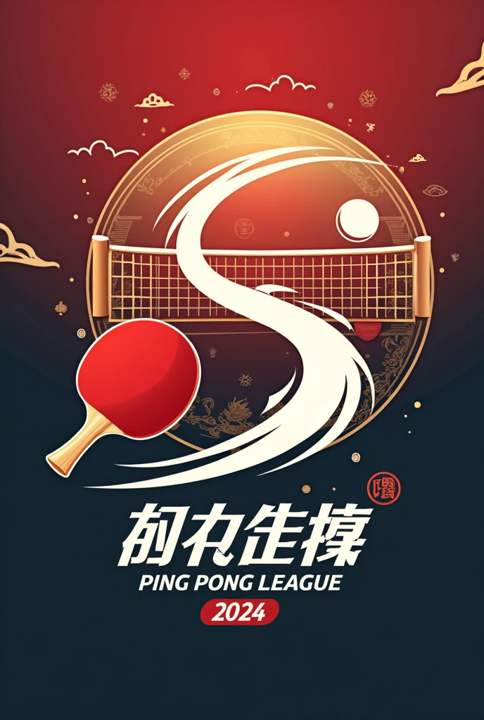 I hope you can design a logo，主题是2024天超pingpong联赛，希望整个logo都是包含pingpong文化的各种元素 2024天超pingpong联赛Logo设计概念： Color Selection： The main color can be red, which represents vitality and passion，象征pingpong的速度和力量。 Auxiliary colors can be selected white and gold，White represents purity and professionalism，Gold adds a sense of nobility and victory。 graphic elements： pingpong拍：可以设计一个抽象或简化的pingpong拍形状，As part of the logo。 pingpong：将pingpong作为核心元素，Can be designed to be dynamic, rotating or bouncing，Show the vitality of sports。 Net：可以巧妙地将Net融入设计中，Acts as a bridge to connect or divide other elements。 Text design： League Name：“2024天超pingpong联赛”可以使用动感的字体，Surround it，Such as italics or handwriting，to increase a sense of vitality。 Cultural elements： Chinese elements：可以融入一些中国传统Cultural elements，Such as the Chinese knot、cloud pattern、Dragon pattern, etc.，以展现pingpong在中国的深厚文化背景。 Modern：Combined with modern design elements，Such as geometry、lines, etc，To showcase the modernity and。 dynamic effect： 考虑在Logo中加入一些dynamic effect，比如pingpong的弹跳轨迹，or the swing of the racket，to increase visual impact。
