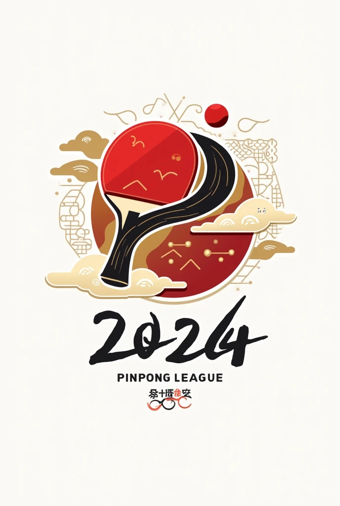 I hope you can design a logo，主题是2024天超pingpong联赛，希望整个logo都是包含pingpong文化的各种元素 2024天超pingpong联赛Logo设计概念： Color Selection： The main color can be red, which represents vitality and passion，象征pingpong的速度和力量。 Auxiliary colors can be selected white and gold，White represents purity and professionalism，Gold adds a sense of nobility and victory。 graphic elements： pingpong拍：可以设计一个抽象或简化的pingpong拍形状，As part of the logo。 pingpong：将pingpong作为核心元素，Can be designed to be dynamic, rotating or bouncing，Show the vitality of sports。 Net：可以巧妙地将Net融入设计中，Acts as a bridge to connect or divide other elements。 Text design： League Name：“2024天超pingpong联赛”可以使用动感的字体，Surround it，Such as italics or handwriting，to increase a sense of vitality。 Cultural elements： Chinese elements：可以融入一些中国传统Cultural elements，Such as the Chinese knot、cloud pattern、Dragon pattern, etc.，以展现pingpong在中国的深厚文化背景。 Modern：Combined with modern design elements，Such as geometry、lines, etc，To showcase the modernity and。 dynamic effect： 考虑在Logo中加入一些dynamic effect，比如pingpong的弹跳轨迹，or the swing of the racket，to increase visual impact。