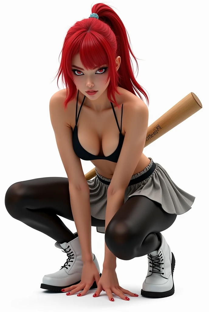 Masterpiece, Best Quality, Super Rendering, Super Realistic, High Detail Face, Clean and Delicate Face, Whole Body, Crouching and Holding a Baseball Bat, Gripping the Bat Anatomically Correctly, Red Hair, Wearing a Sleeveless Top and a Pleated Mini Skirt, Black Pantyhose, White Short Boots, Glaring at the Viewer, White Background
