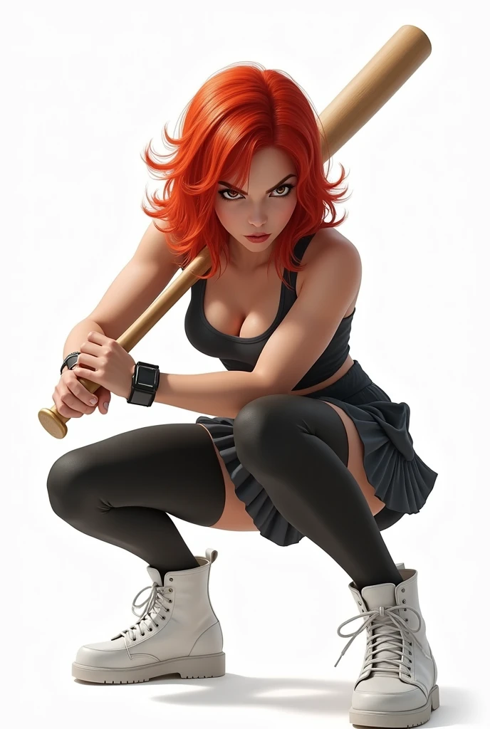 Masterpiece, Best Quality, Super Rendering, Super Realistic, High Detail Face, Clean and Delicate Face, Whole Body, Crouching and Holding a Baseball Bat, Gripping the Bat Anatomically Correctly, Red Hair, Wearing a Sleeveless Top and a Pleated Mini Skirt, Black Pantyhose, White Short Boots, Glaring at the Viewer, White Background
