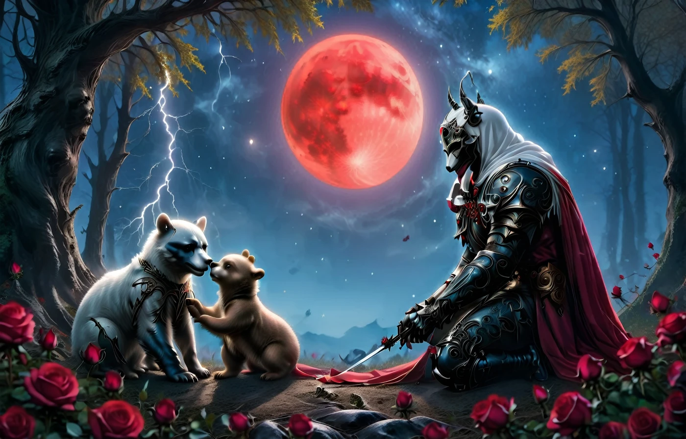 Male knight with a white hood with white bear ears and a sword behind his back sits on the ground towards a baby polar bear and a baby brown bear in a forest while the moon shines, many Roses cover the ground and lightning falls from the sky. The baby polar bear plays with the baby brown bear while the knight enjoys watching them. Only the man wears a red blindfold. In the background of the picture is the blood moon and a tree has fallen down in the path. The forest is full of trees with leaves. The armor of the man is black and red roses decorate it. The sky is full of stars. The knight is thoughtfully touching his face.