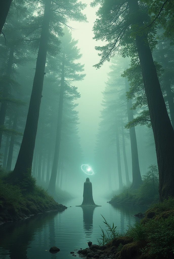 A huge forest (haze) Lord of the Rings Style( pastel colors) with a small lake with several huge trees and with a lot of density, cinematic style film