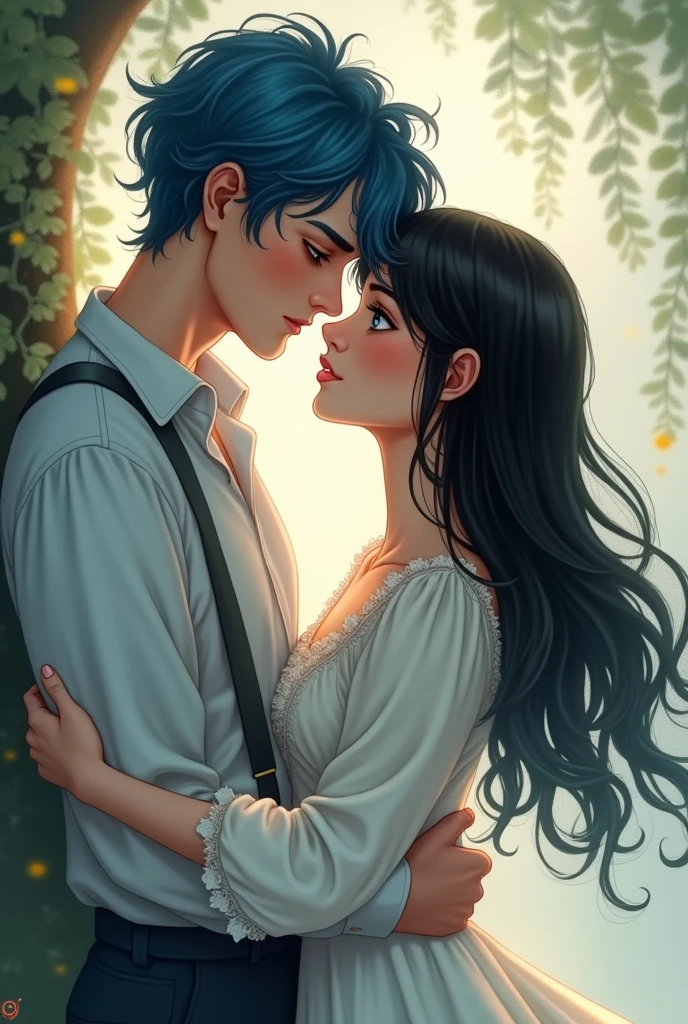 Image of a couple in love from a book,he has blue eyes blue hair and is tall.she has straight black hair and is white 