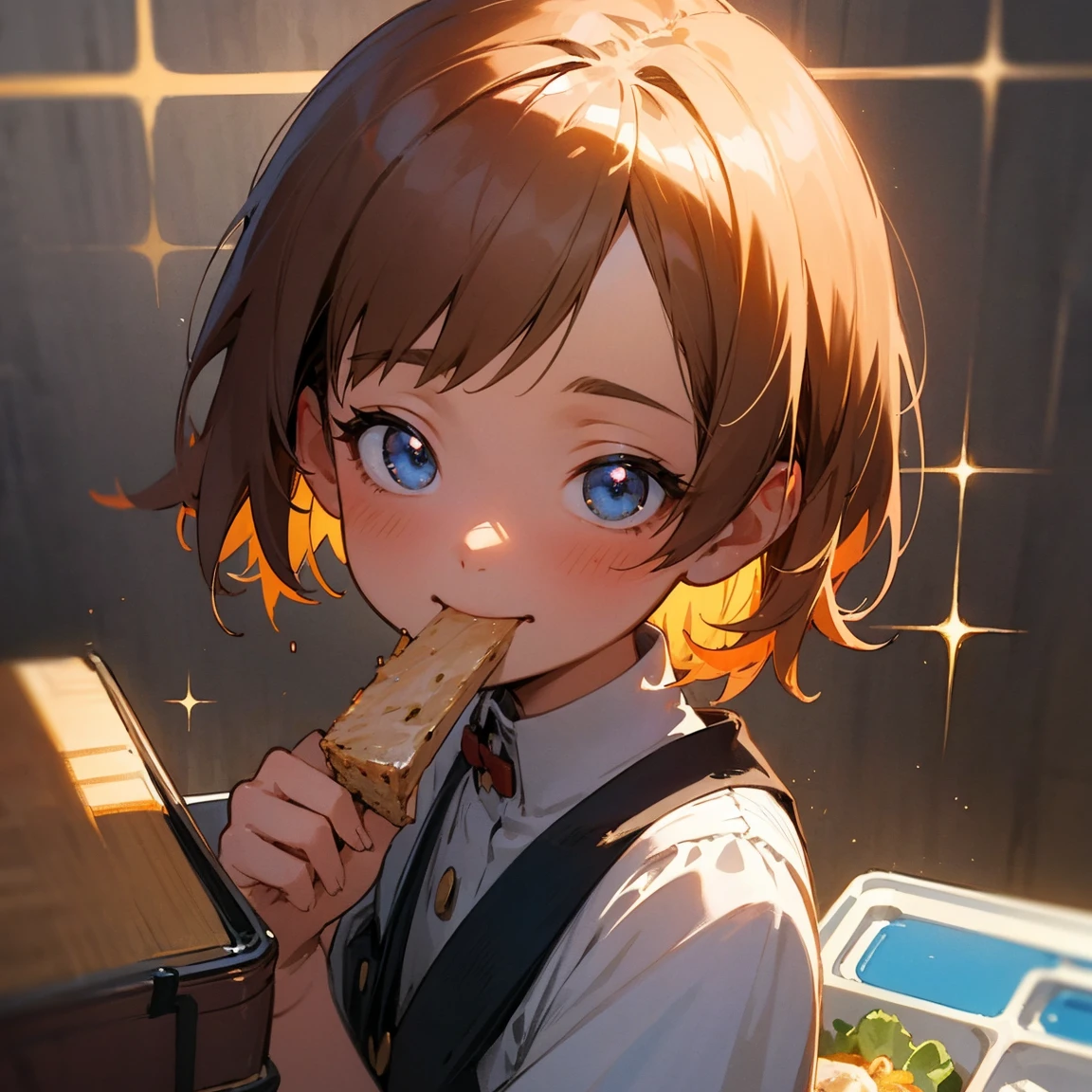 Illustrations for children's picture books,realistic, detailed illustration,A magical moment capturing  Aya with short brown hair taking her first bite of the special bento. As she eats, a translucent, gentle image of her mother's smiling face appears around her like a warm, glowing aura. Aya's expression is transforming from sadness to joy, her eyes widening with wonder and her mouth curving into a smile. Sparkles of light emanate from the bento, surrounding Aya and intermingling with the illusion of her mother. The background fades into a soft, dreamy blur, emphasizing the emotional impact of the moment, (focus on lunch box:1.2)., hand-painted style, digital art touch,(illustration:1.5), (Watercolor:1,2)