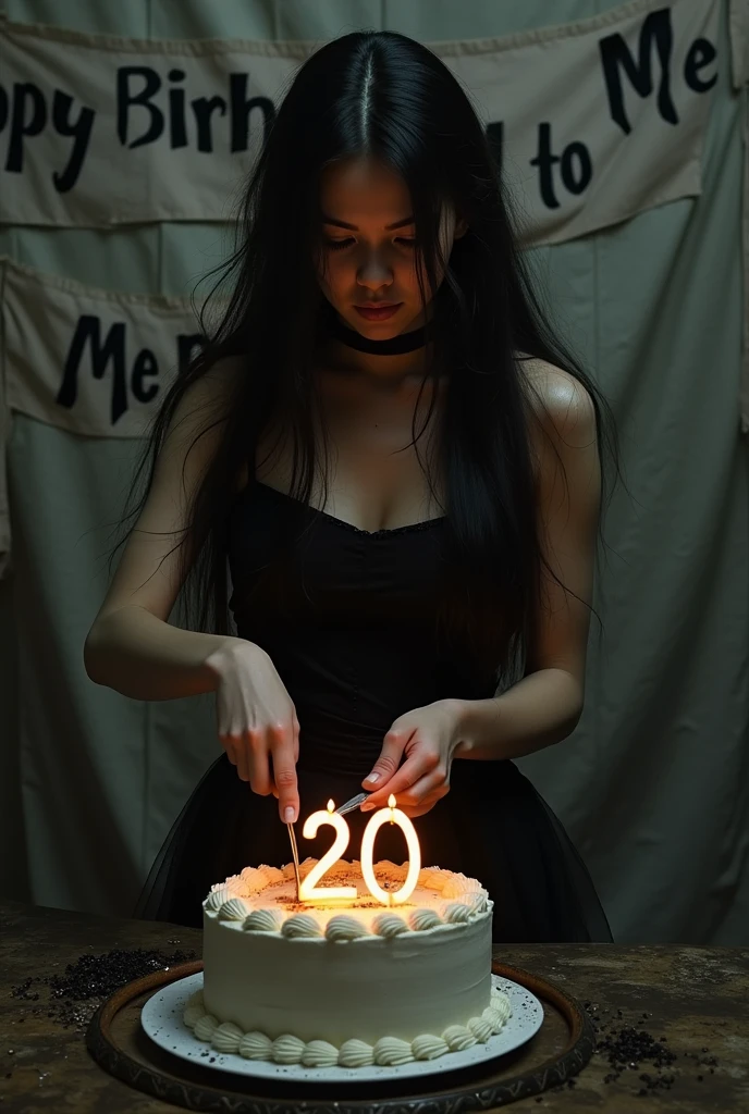 The beautiful women celebrate his birthday (alone) and his cutting a birthday cake alone with knife and on the cake 20 letter number candle and his  face full of sadness and his background banner like a"happy birthday to me" and his waring a black dress with long hair