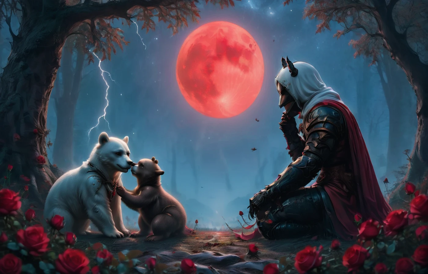 Male knight with a white hood with white bear ears and a sword behind his back sits on the ground towards a baby polar bear and a baby brown bear in a forest while the moon shines, many Roses cover the ground and lightning falls from the sky. The baby polar bear plays with the baby brown bear while the knight enjoys watching them. Only the man wears a red blindfold. In the background of the picture is the blood moon and a tree has fallen down in the path. The forest is full of trees with leaves. The armor of the man is black and red roses decorate it. The sky is full of stars. The knight is thoughtfully touching his face.