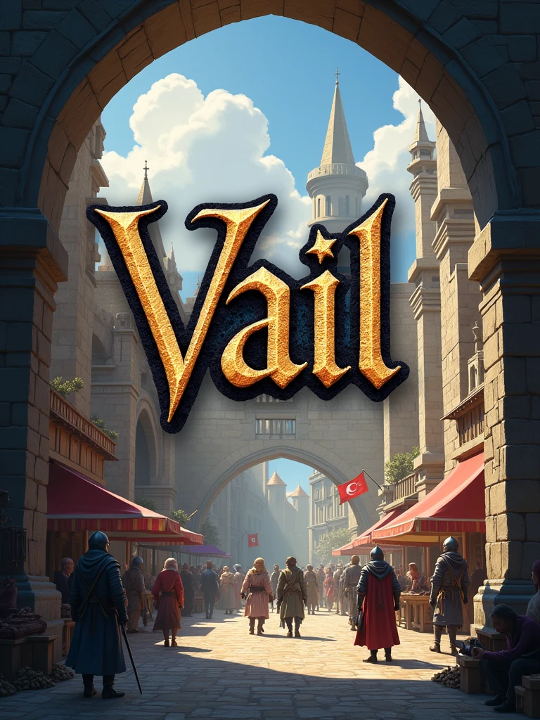 **Create a captivating logo for "Vail" an MMORPG set in a medieval town, drawing inspiration from Age of Cignare Online. The word "Vail" should be prominently displayed in a old medieval script, with the background depicting a bustling medieval marketplace. Include details like vendor stalls, knights on patrol, and townspeople interacting, all framed by ancient stone arches to set the scene for the game's immersive world. 