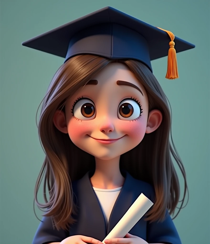 NERATES A PIXAR GRADUATE WITH LIGHT BROWN HAIR AND DARK BLUE GRADUATION CAP WITH WHITE BACKGROUND