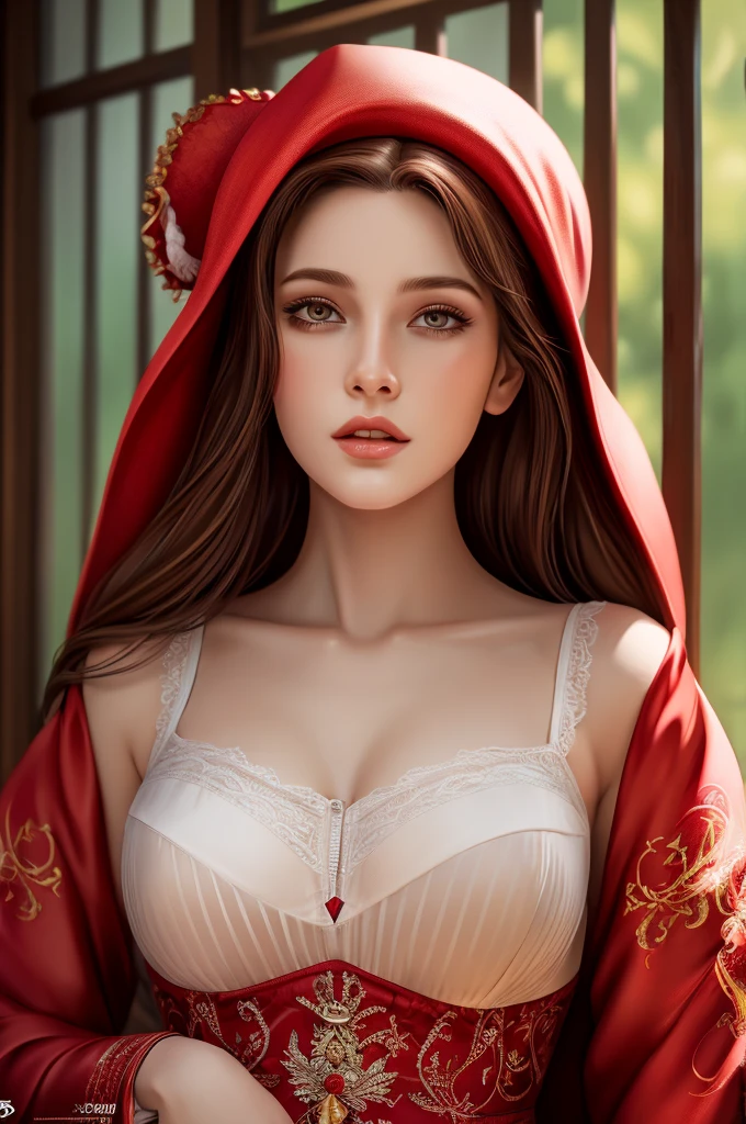 ((masterpiece, best quality)),illustration,ultra detailed 8k,photorealistic, Beautiful young woman, redheadwear, seduction, naughty look, opening the shirt