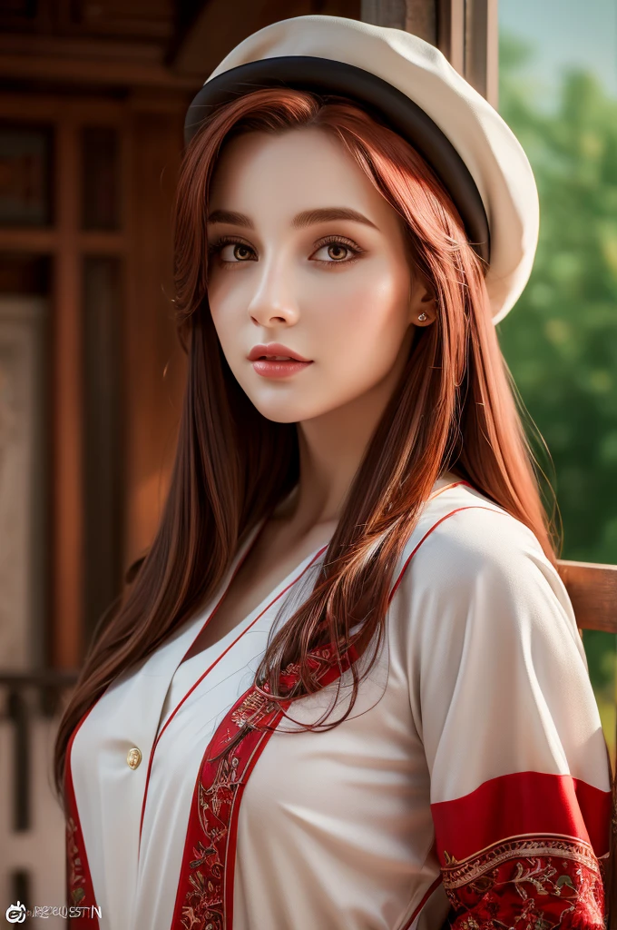 ((masterpiece, best quality)),illustration,ultra detailed 8k,photorealistic, Beautiful young woman, redheadwear, seduction, naughty look, opening the shirt