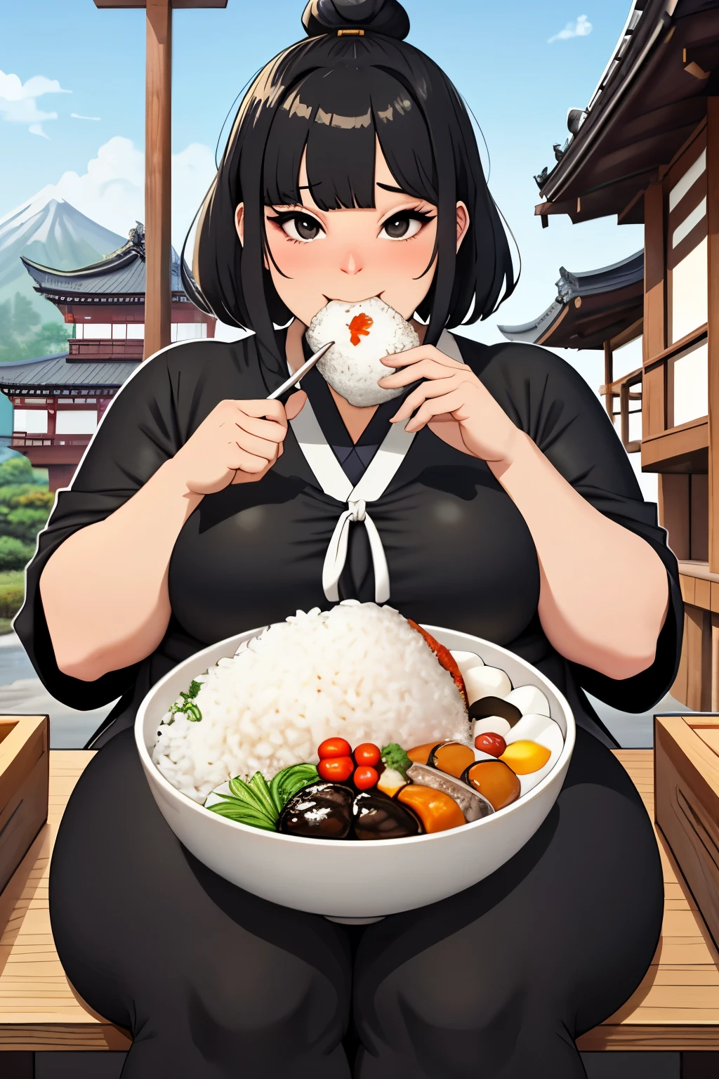 fat sumo girl, black hair, black eyes, white sumo outfit, eating a lot rice bowls, medieval Japanese Buddhist temple background