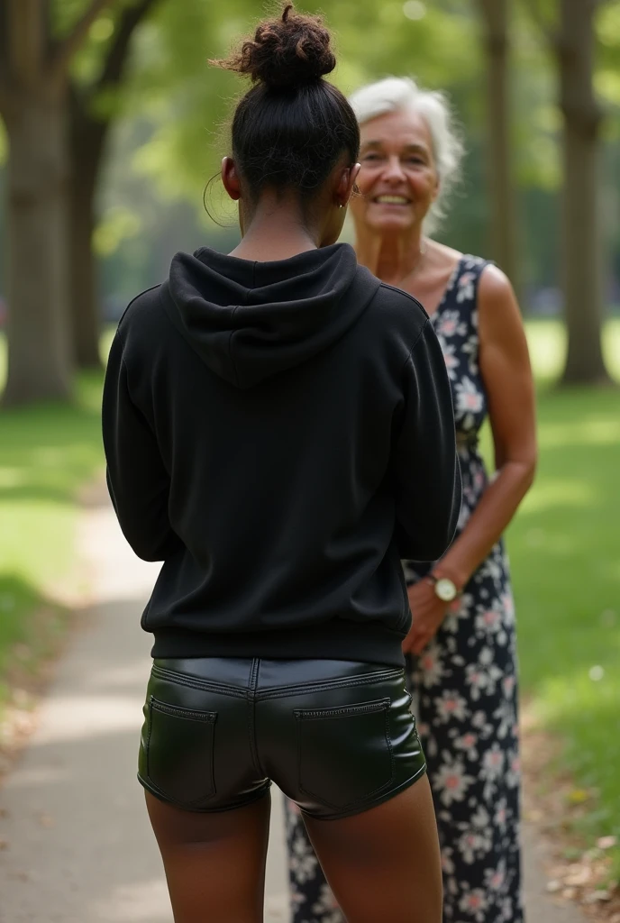 black woman hair in a bun black hoodie black leather short shorts bending over getting fucked in the ass by a old ugly woman in a dress in a park
