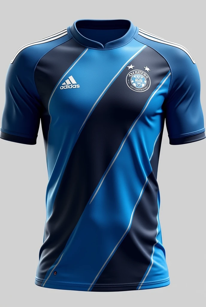 "Create an elite football uniform shirt using the colors blue, white and black. The design should incorporate elegant and striking stripes, highlighting a perfect combination of modernity and tradition. The shirt must convey sophistication, dynamism and a sense of authority in the field, with a perfect fit and high quality materials that ensure maximum performance. The stripes must be well defined and harmonious., creating a striking and unforgettable look. The result should be the best shirt our brand has ever created.."