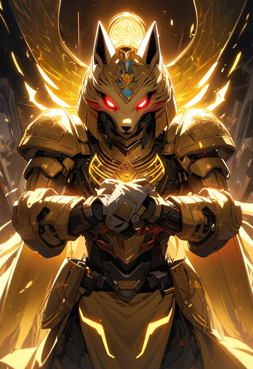solo, god, golden aura, b glowing eyes, god eyes, no eyeball, beautiful color, golden wing, golden dog head, egypt god, red eyes, furry, robot mechanic
